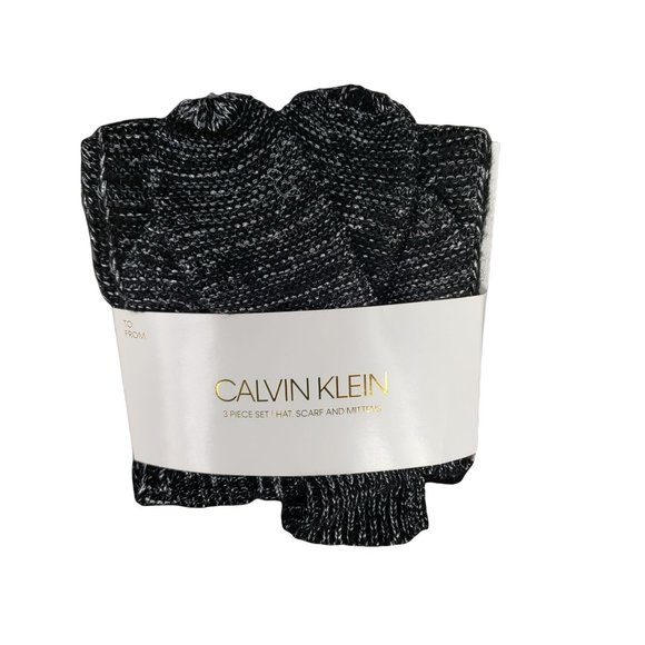 Calvin Klein Women's Black Gray‎ Knit Scarf Hat Gloves Mittens New 3 Piece Set - Picture 8 of 8